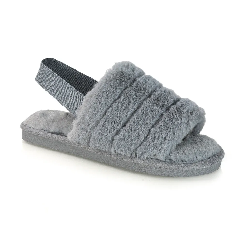 Lana Faux Fur Sling Back Ribbed Strappy Soft Cosy Fluffy Slippers in Multi