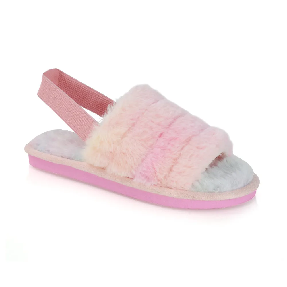 Lana Faux Fur Sling Back Ribbed Strappy Soft Cosy Fluffy Slippers in Multi