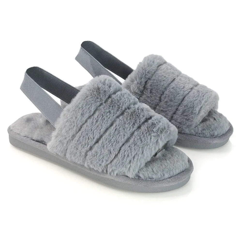 Lana Faux Fur Sling Back Ribbed Strappy Soft Cosy Fluffy Slippers in Multi