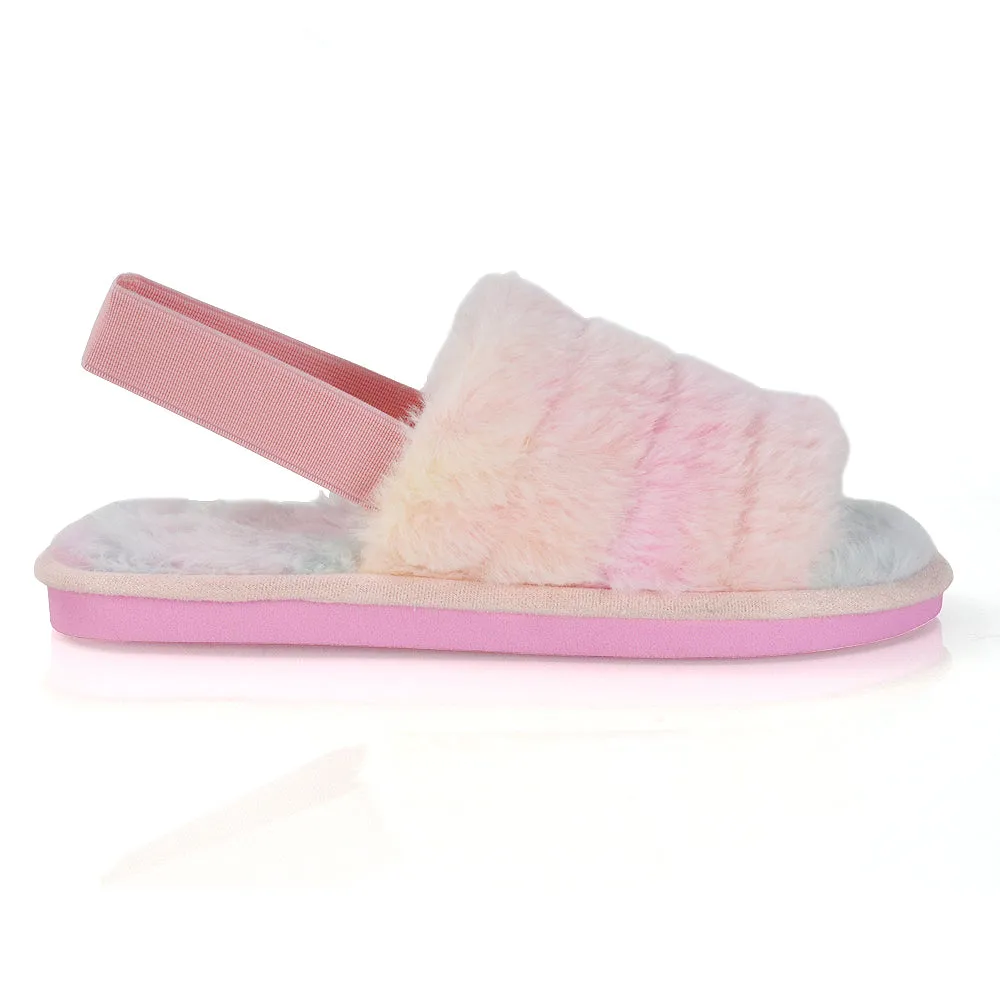 Lana Faux Fur Sling Back Ribbed Strappy Soft Cosy Fluffy Slippers in Multi