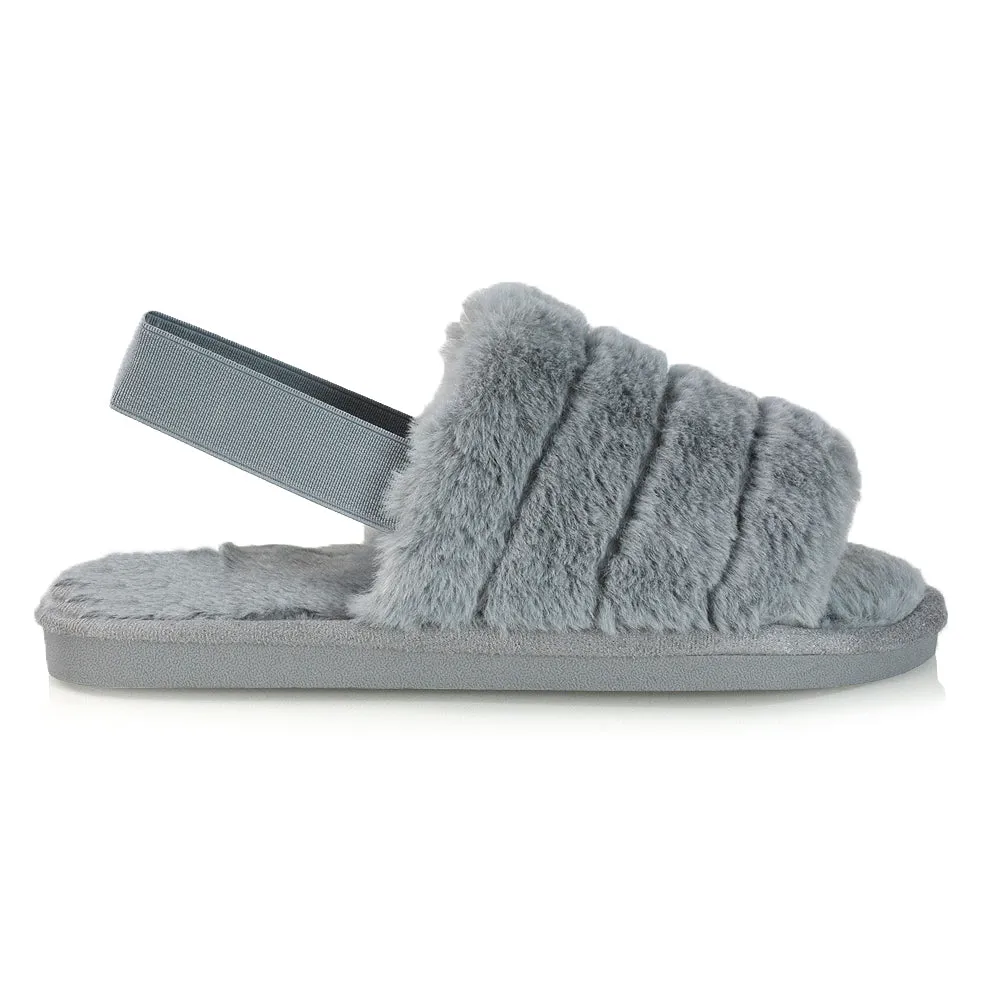 Lana Faux Fur Sling Back Ribbed Strappy Soft Cosy Fluffy Slippers in Multi