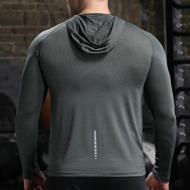 Men Outdoor Sports Hoodies Quick Dry Fit Long Sleeve Tops with Hood Male Running Activewear