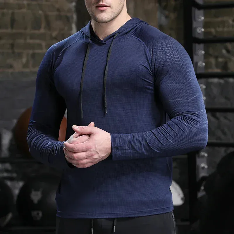 Men Outdoor Sports Hoodies Quick Dry Fit Long Sleeve Tops with Hood Male Running Activewear