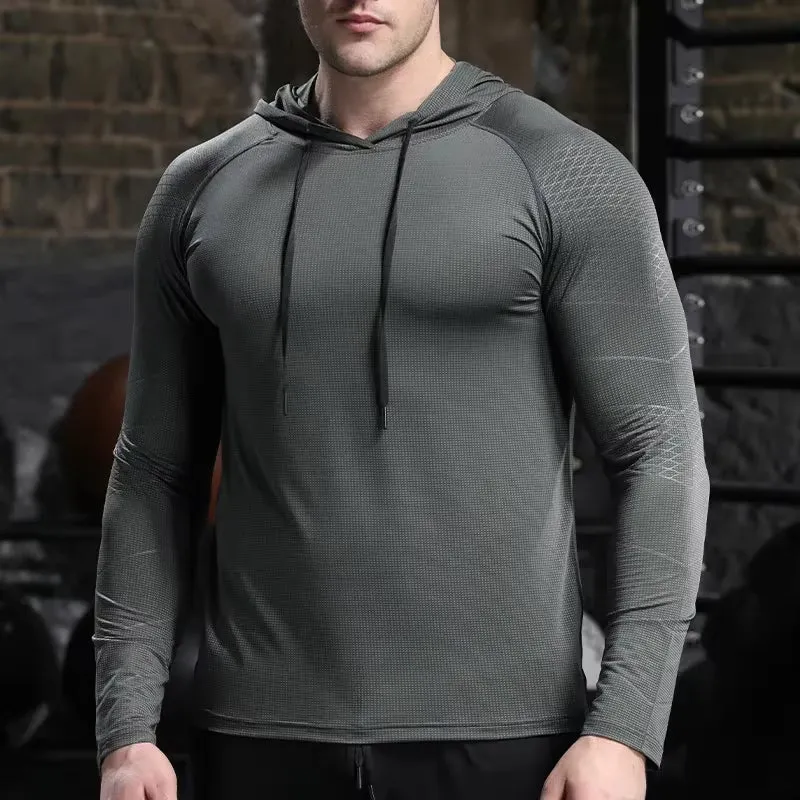 Men Outdoor Sports Hoodies Quick Dry Fit Long Sleeve Tops with Hood Male Running Activewear
