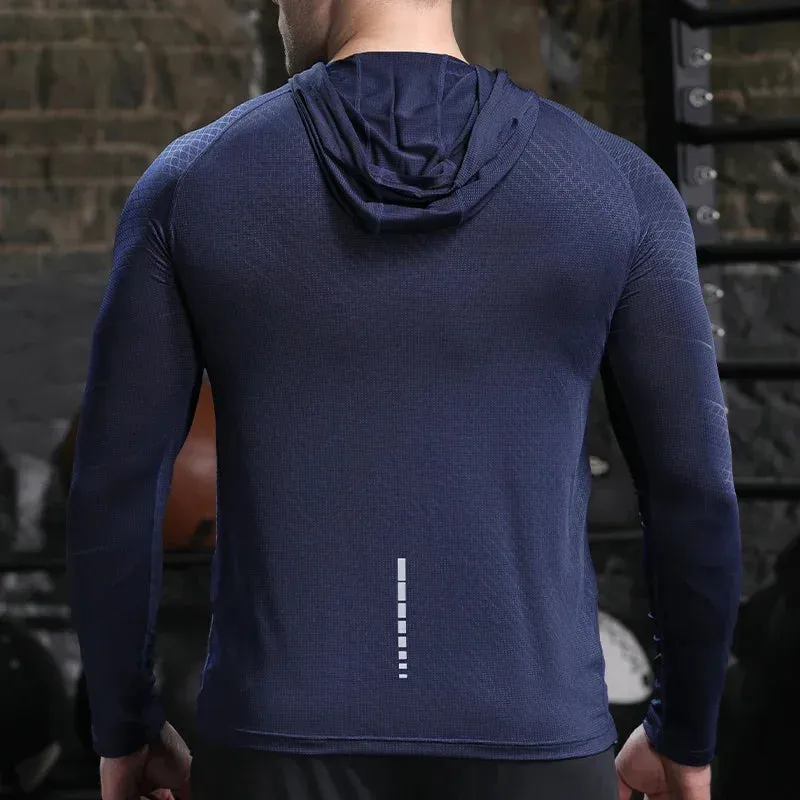 Men Outdoor Sports Hoodies Quick Dry Fit Long Sleeve Tops with Hood Male Running Activewear