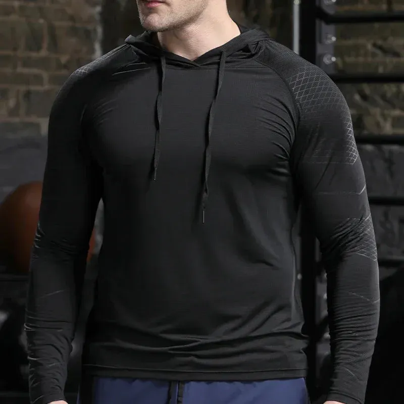 Men Outdoor Sports Hoodies Quick Dry Fit Long Sleeve Tops with Hood Male Running Activewear