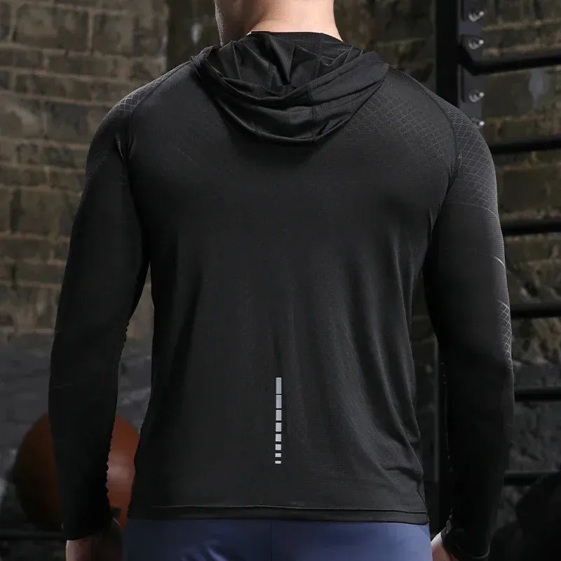 Men Outdoor Sports Hoodies Quick Dry Fit Long Sleeve Tops with Hood Male Running Activewear