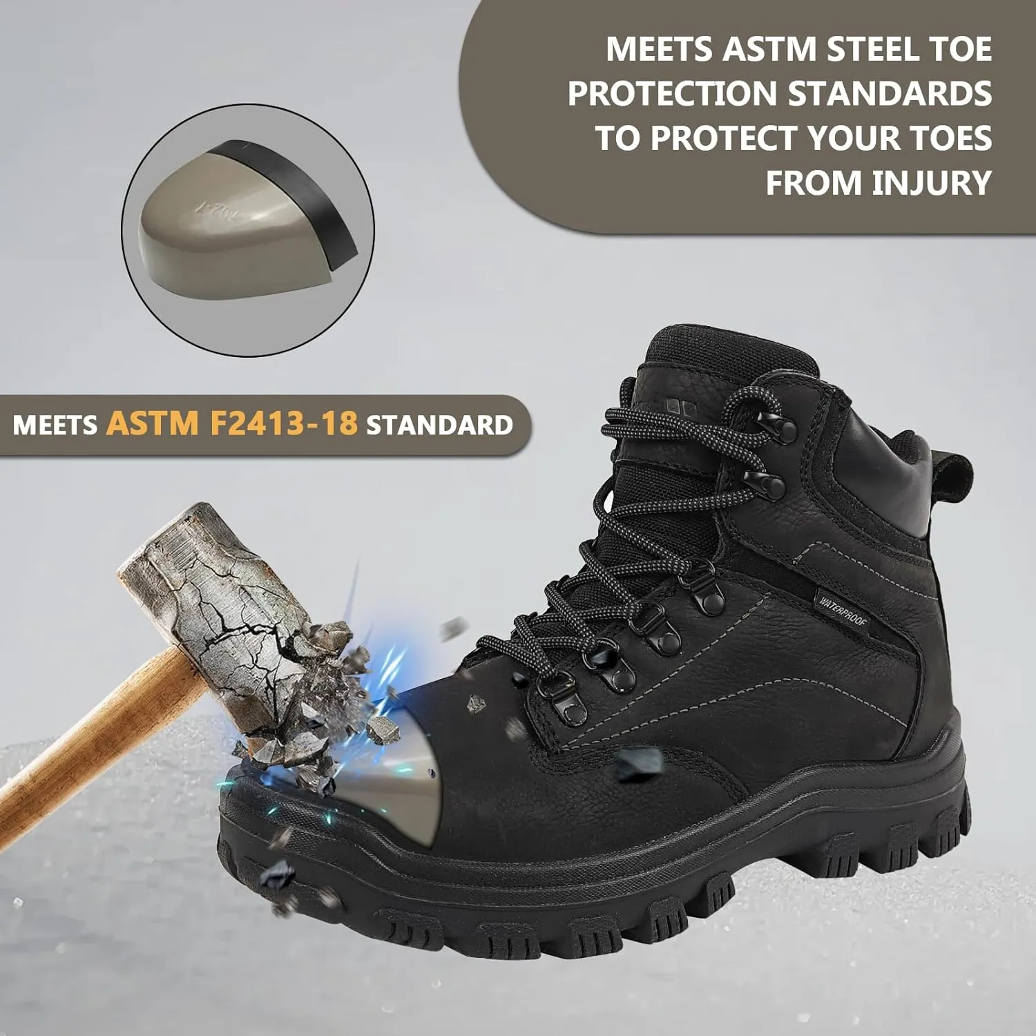 Mens steel toe work boots - ASTM Steel Toe   Waterproof   2 Different Insoles   Anti-slip Rubber Outsole   Multiple Application Scenarios