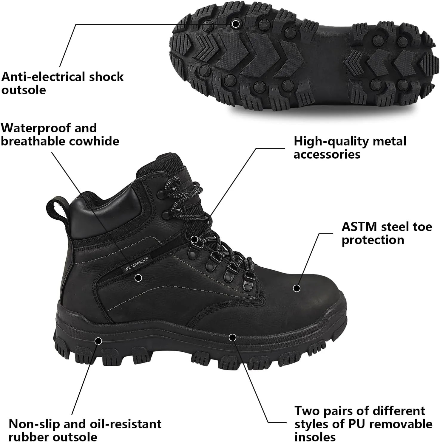 Mens steel toe work boots - ASTM Steel Toe   Waterproof   2 Different Insoles   Anti-slip Rubber Outsole   Multiple Application Scenarios