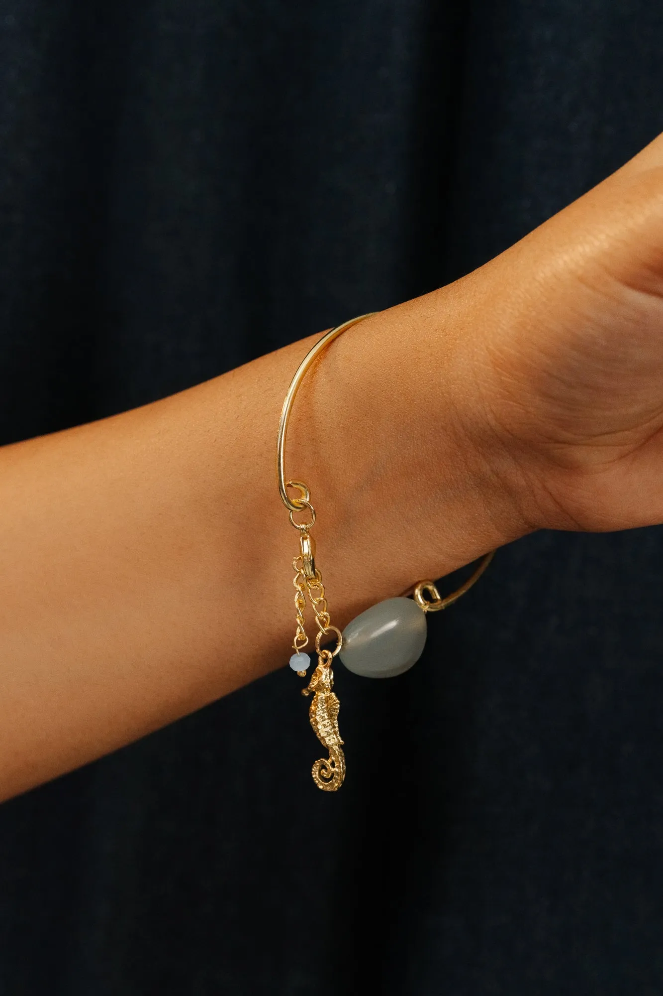 Natural Stone Sea Horse Brass Charm Bracelet
