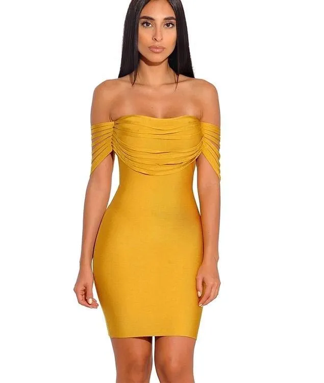 Premium yellow off  shoulder strappy bandage midi dress
