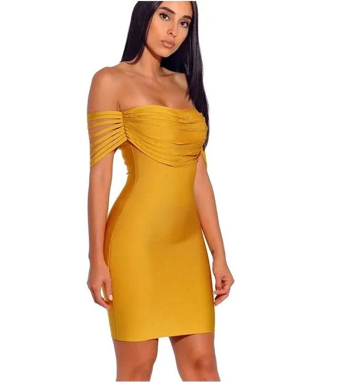 Premium yellow off  shoulder strappy bandage midi dress