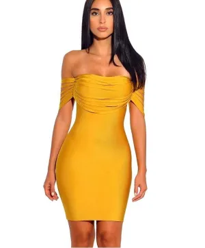 Premium yellow off  shoulder strappy bandage midi dress