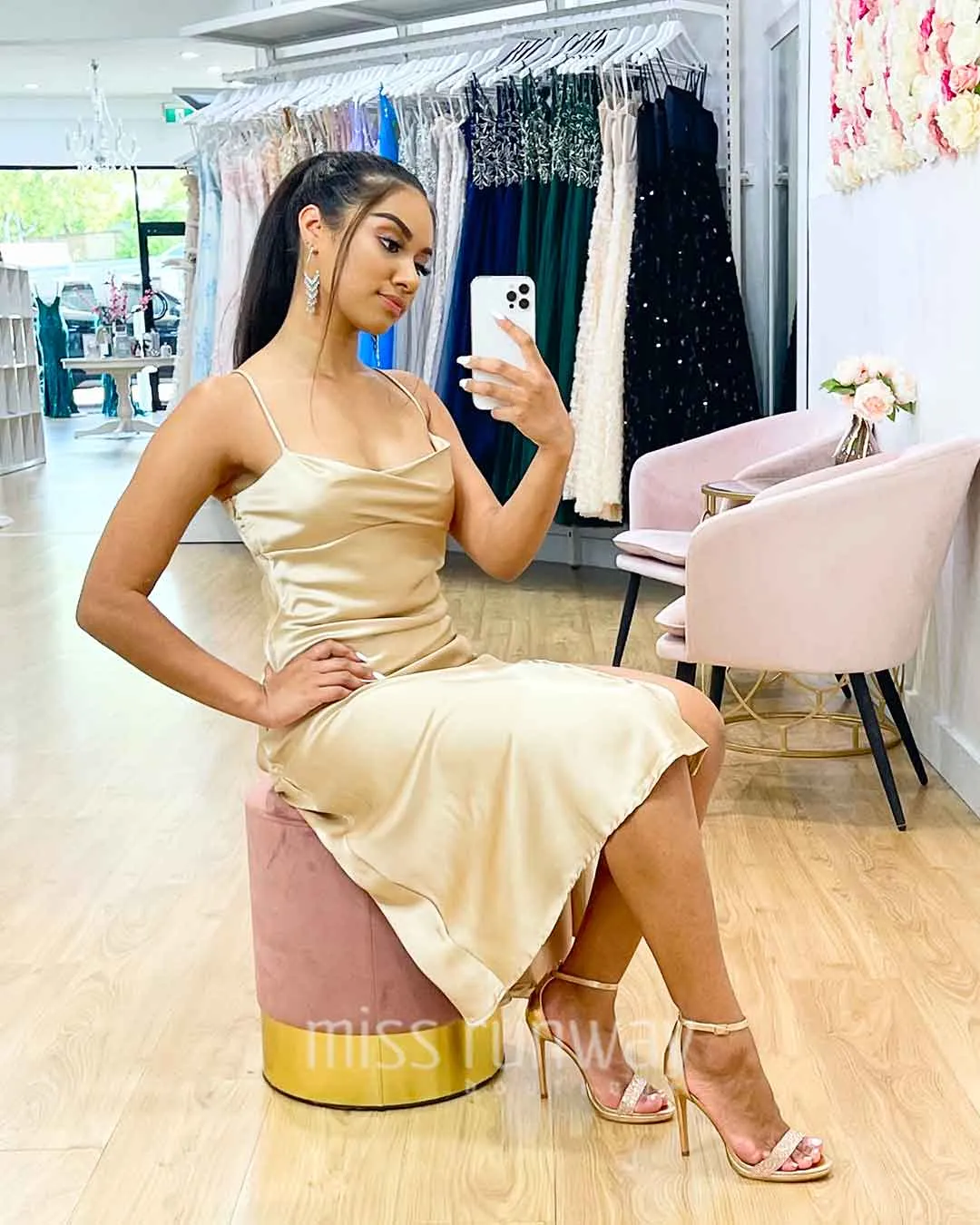 Sandrine Satin Midi Dress - Champagne