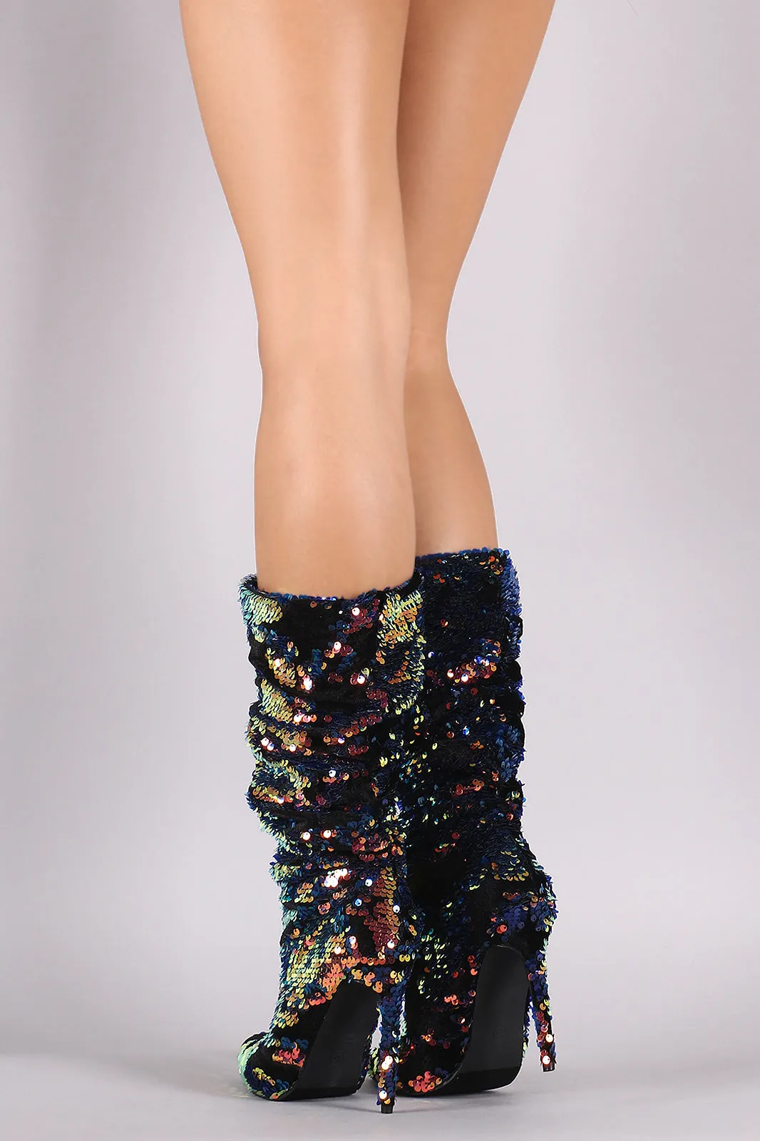 Sequin Embellished Velvet Slouchy Pointy Toe Stiletto Boots