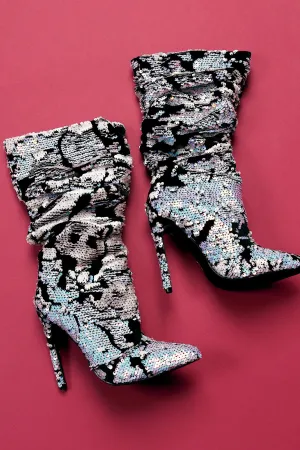 Sequin Embellished Velvet Slouchy Pointy Toe Stiletto Boots