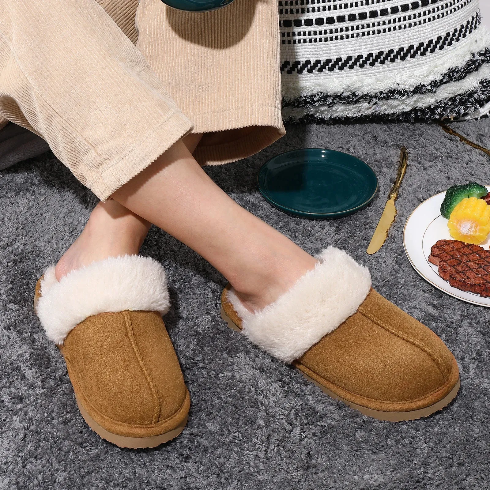 Shevalues Fashion Fur Slippers Women Fluffy Winter House Shoes Memory Foam Fuzzy Slippers Short Plush Slipper Indoor And Outdoor