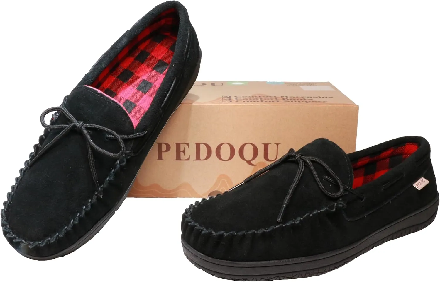 Slippers for Mens House Shoes Moccasin with Genuine suede Upper Flanel Lining Comfortable Memory Foam Rubber Soles Indoor Outdoor