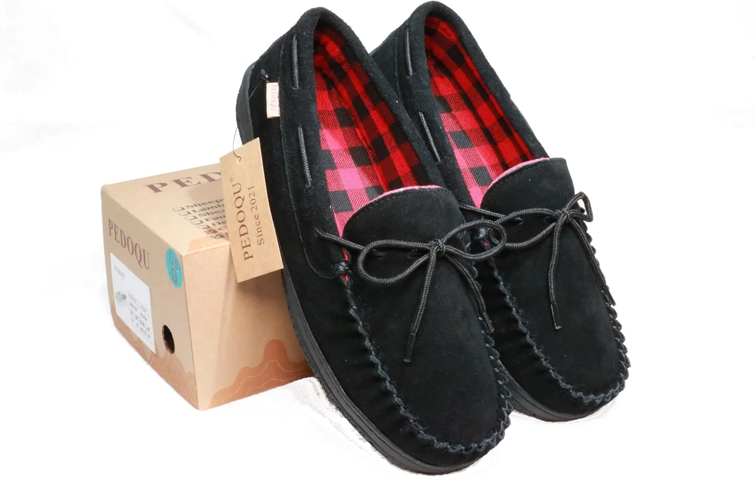 Slippers for Mens House Shoes Moccasin with Genuine suede Upper Flanel Lining Comfortable Memory Foam Rubber Soles Indoor Outdoor