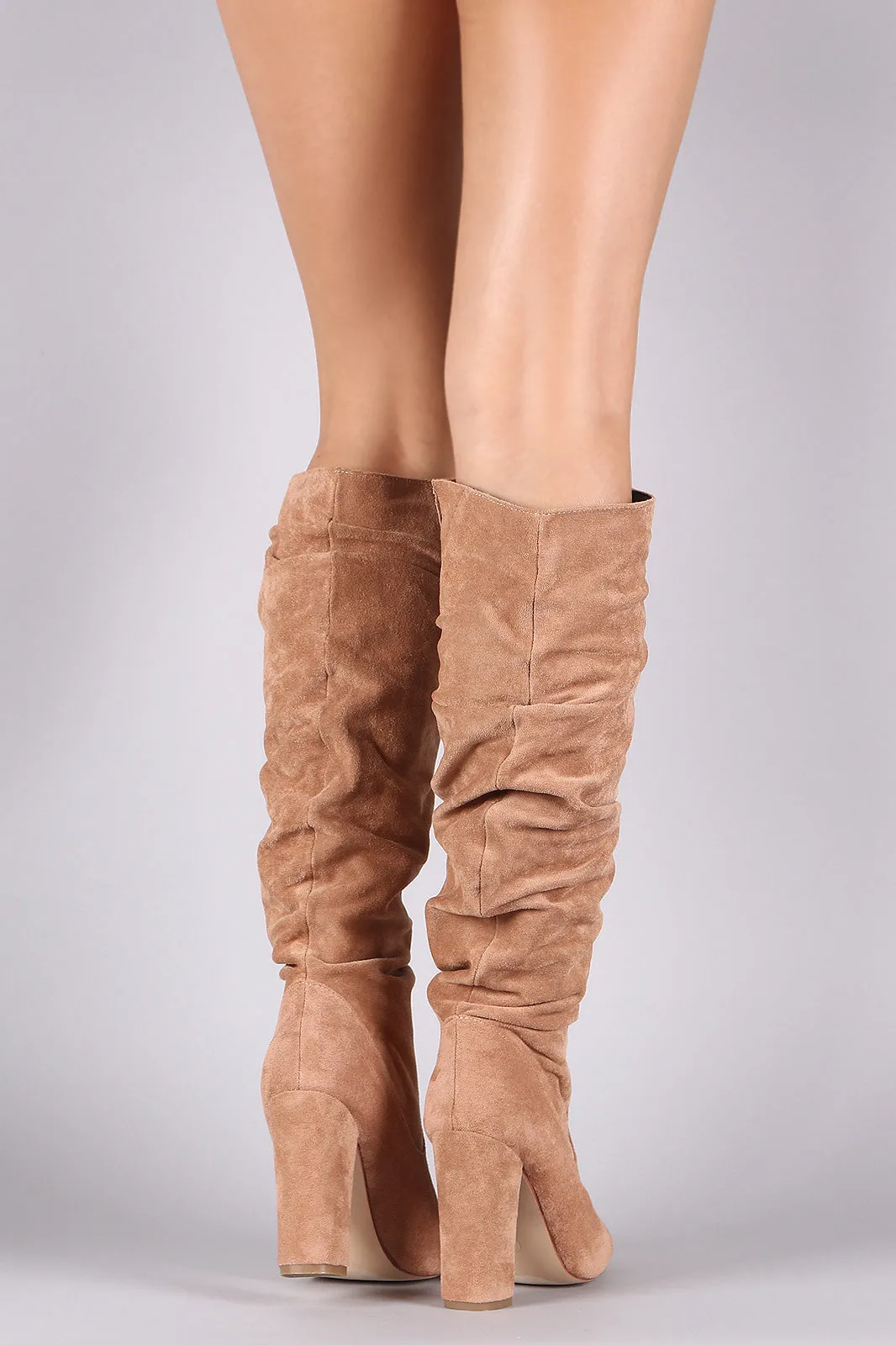 Suede Pointy Toe Chunky Heeled Knee High Boots