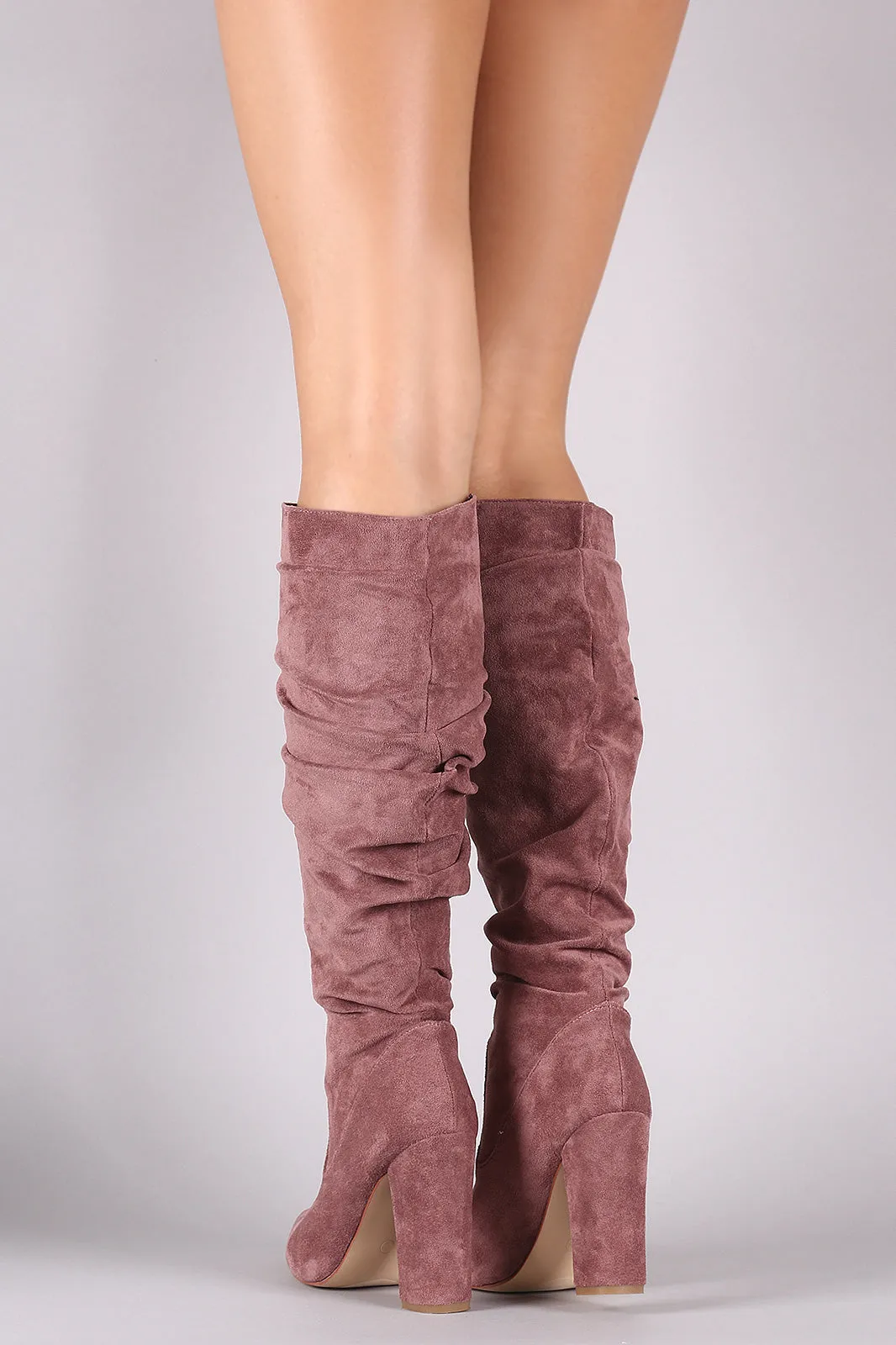 Suede Pointy Toe Chunky Heeled Knee High Boots