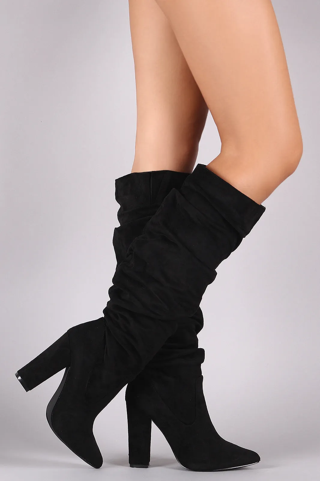 Suede Pointy Toe Chunky Heeled Knee High Boots