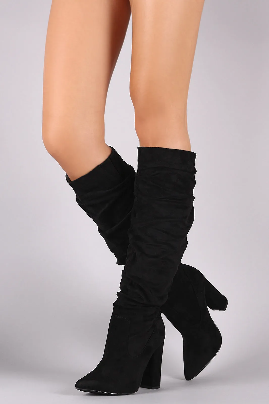 Suede Pointy Toe Chunky Heeled Knee High Boots