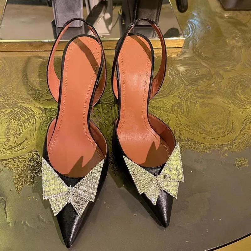 Women sexy pointed toe butterfly bow slingback chunky heels