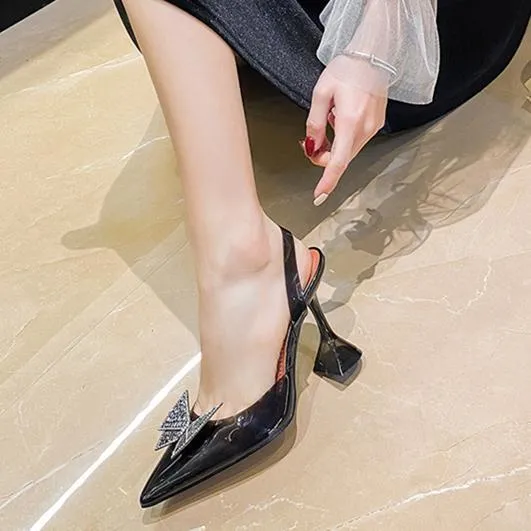 Women sexy pointed toe butterfly bow slingback chunky heels