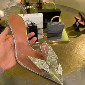 Women sexy pointed toe butterfly bow slingback chunky heels