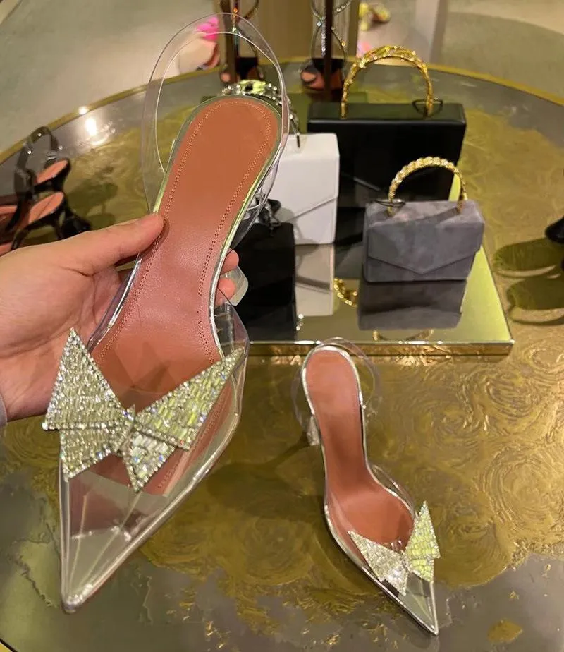 Women sexy pointed toe butterfly bow slingback chunky heels