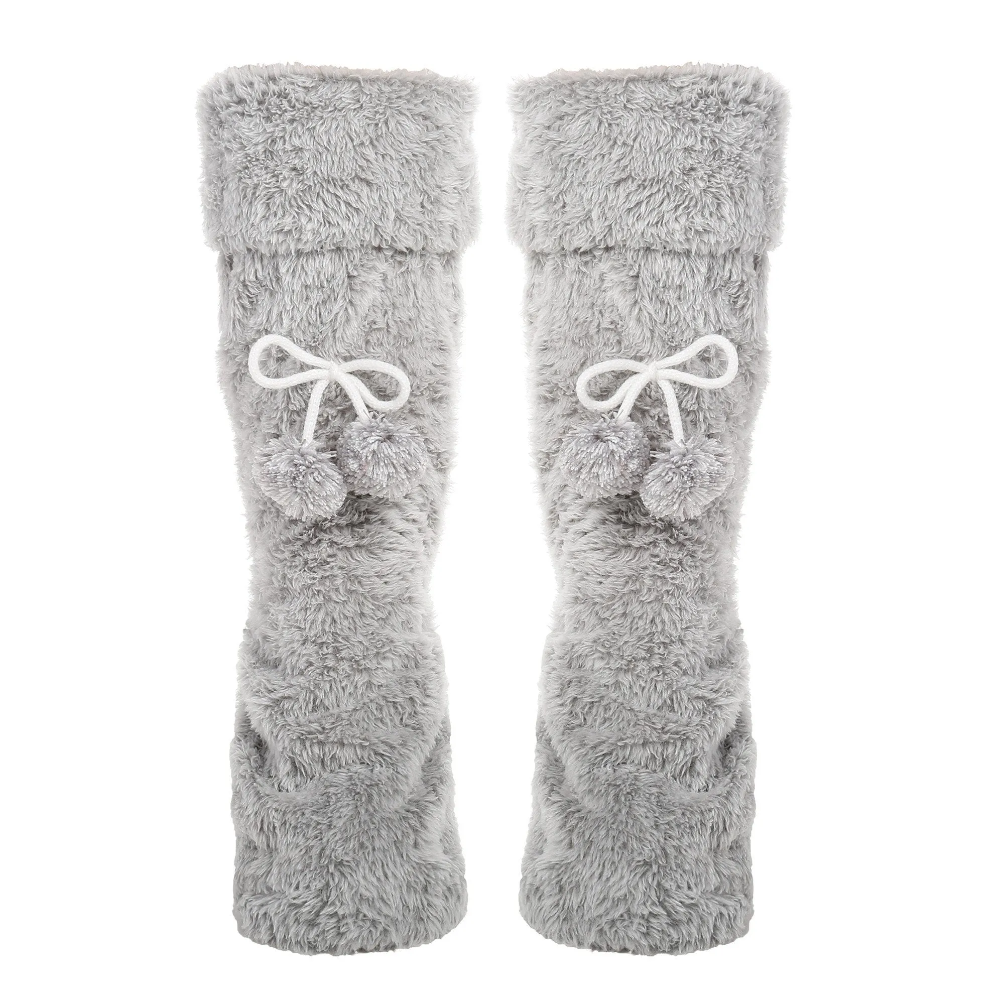 Women's Fuzzy Plush Tall Slipper Socks with Pom-Poms - Grey