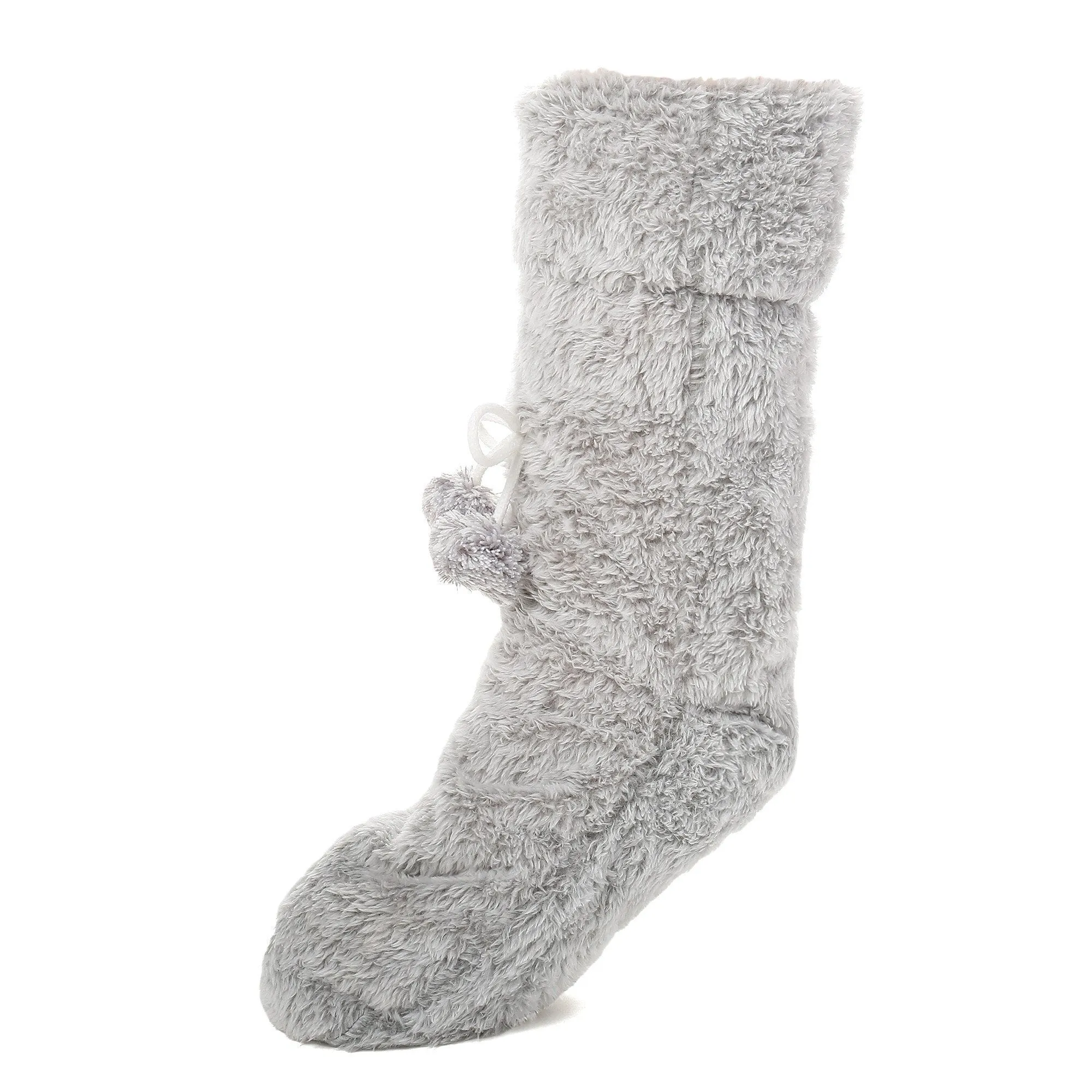 Women's Fuzzy Plush Tall Slipper Socks with Pom-Poms - Grey