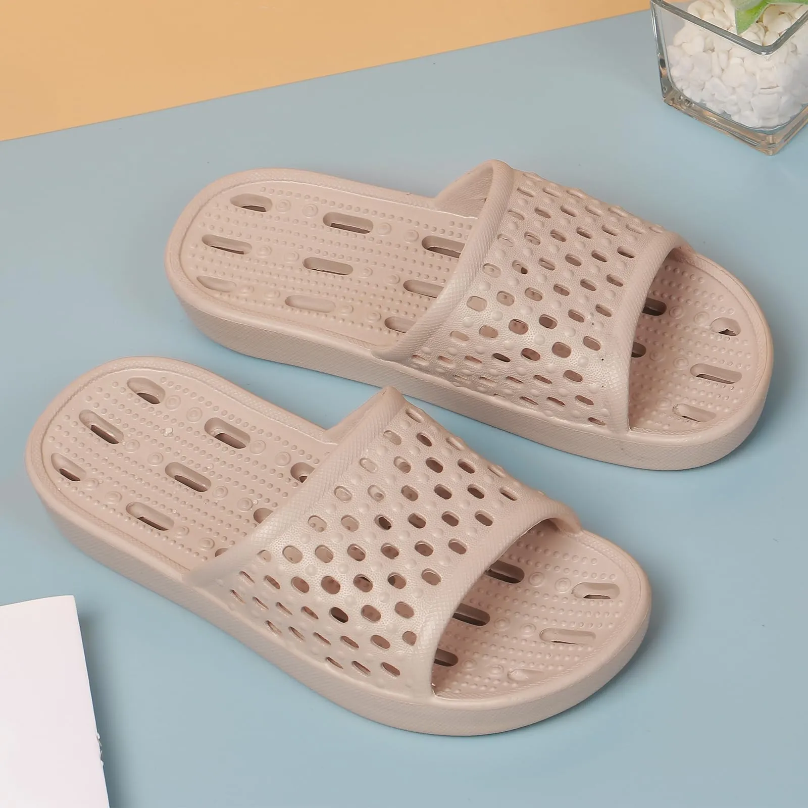 WOTTE Shower Sandals Women Quick Drying Bath Slippers Non Slip Dorm Shoes Size 5.5 Beige